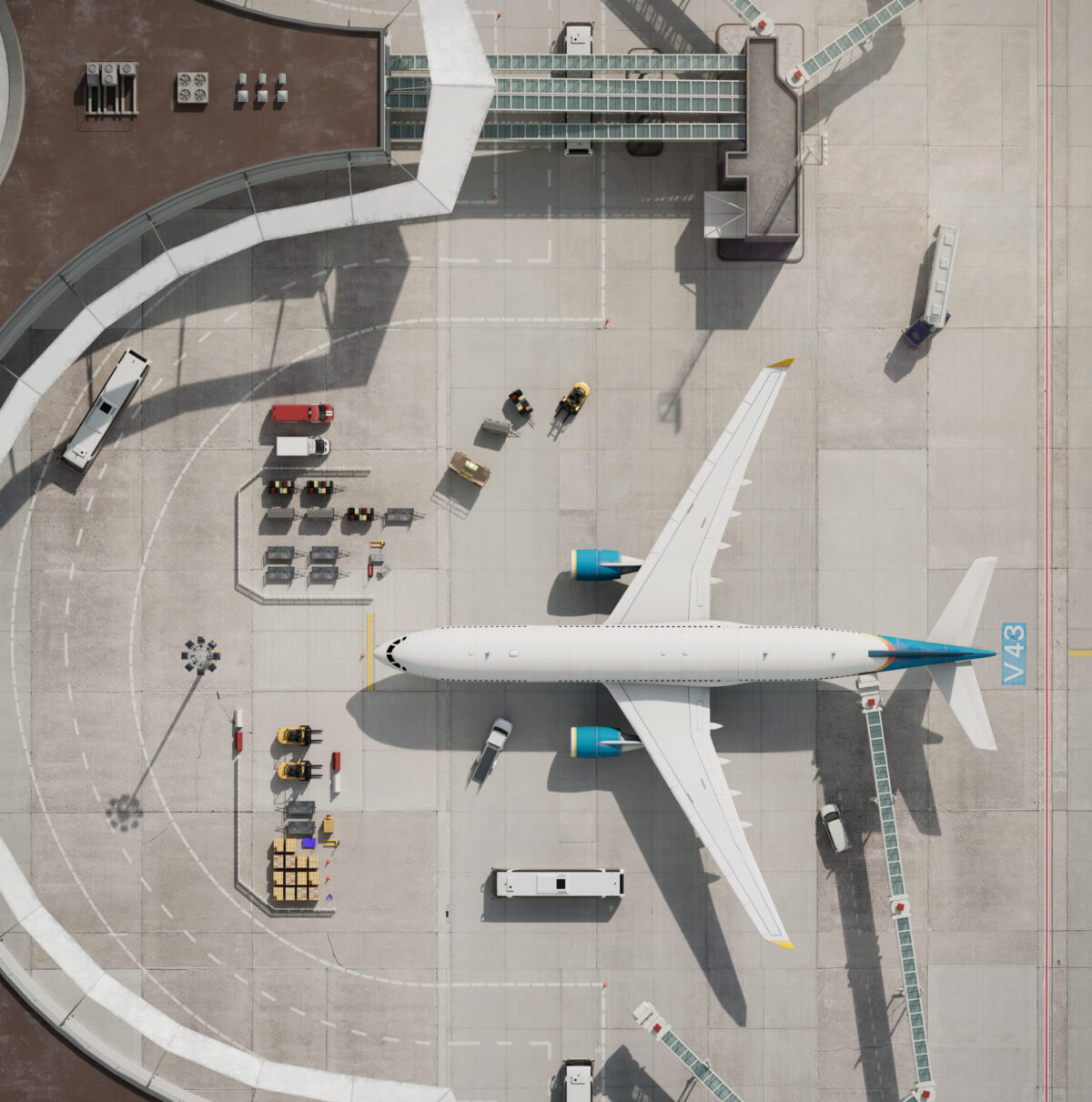 Top view of airplane at airport terminal in 3D